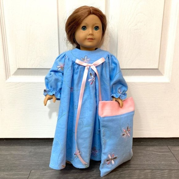 Hand Crafted Other - Doll Nightgown Pillow Blue Embroidered Flowers fits American Girl and 18” Dolls
